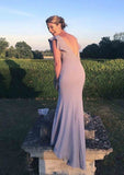 Sweep Train Elastic Satin Bridesmaid Dress In Sheath/Column Shape, Scoop Neck, Sleeveless, With Ruffles BM bride