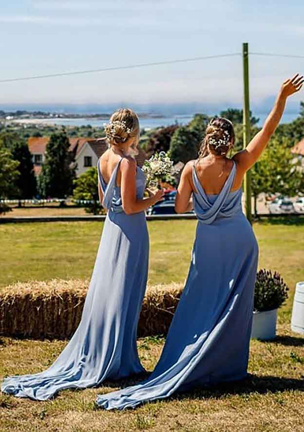 Court Train Chiffon Bridesmaid Dress, A-Line V-Neck, Sleeveless, With Pleats BM bride