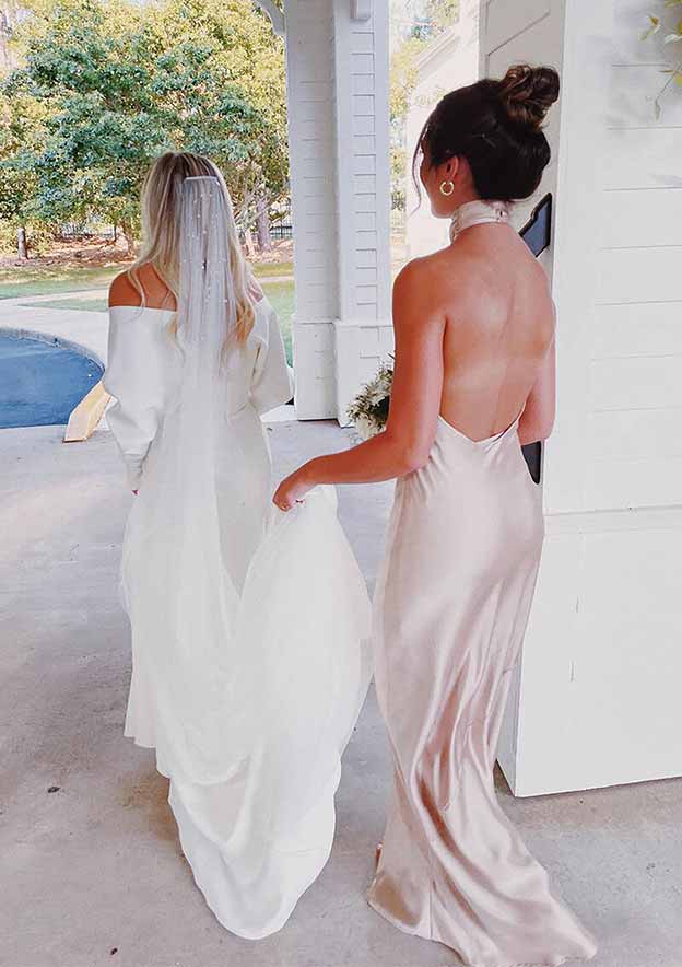Floor-Length Satin Bridesmaid Dress In Sheath/Column Shape, Halter Neck, Sleeveless BM bride