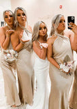 Floor-Length Satin Bridesmaid Dress In Sheath/Column Shape, Halter Neck, Sleeveless BM bride