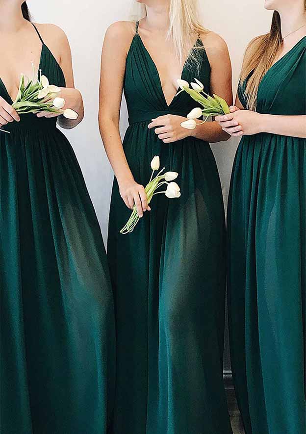 Floor-Length Chiffon Bridesmaid Dress, A-Line Cut, V-Neck, Sleeveless, With Pleats BM bride
