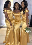 Off-The-Shoulder Trumpet/Mermaid Charmeuse Bridesmaid Dress, Floor-Length, Pleats, And Split BM bride