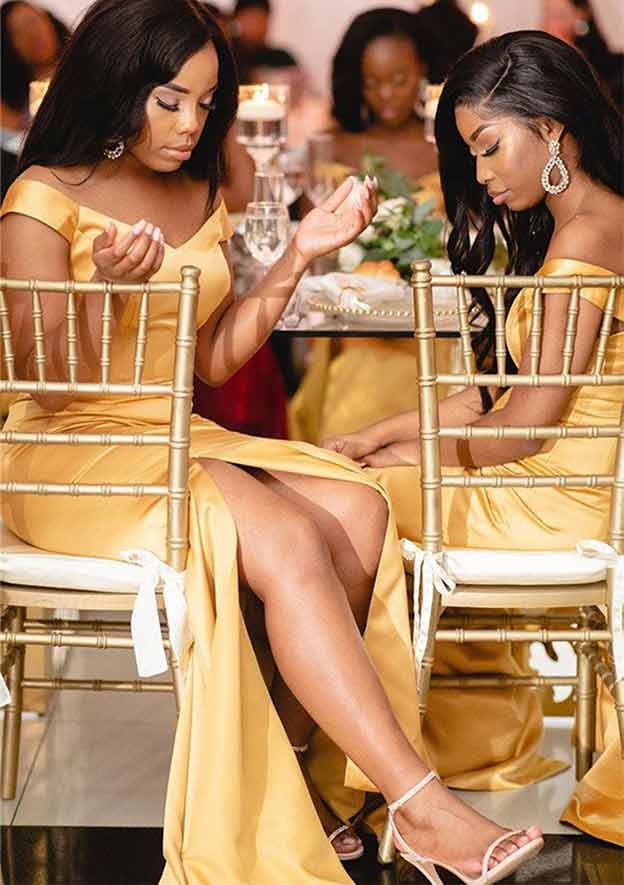 Off-The-Shoulder Trumpet/Mermaid Charmeuse Bridesmaid Dress, Floor-Length, Pleats, And Split BM bride