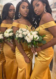 Off-The-Shoulder Trumpet/Mermaid Charmeuse Bridesmaid Dress, Floor-Length, Pleats, And Split BM bride