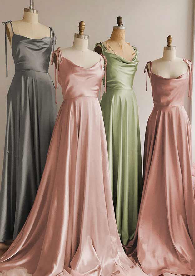 A-Line Floor-Length Charmeuse Bridesmaid Dress, Cowl Neck With Spaghetti Straps And Split BM bride