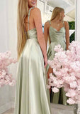 A-Line Floor-Length Charmeuse Bridesmaid Dress, Cowl Neck With Spaghetti Straps And Split BM bride