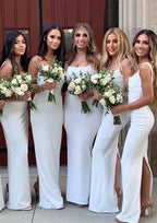 Floor-Length Satin Bridesmaid Dress In Sheath/Column Silhouette, Square Neck, Spaghetti Straps, And Split BM bride