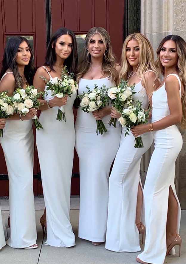 Floor-Length Satin Bridesmaid Dress In Sheath/Column Silhouette, Square Neck, Spaghetti Straps, And Split BM bride