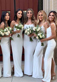 Floor-Length Satin Bridesmaid Dress In Sheath/Column Silhouette, Square Neck, Spaghetti Straps, And Split BM bride