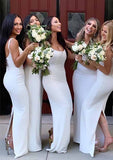 Floor-Length Satin Bridesmaid Dress In Sheath/Column Silhouette, Square Neck, Spaghetti Straps, And Split BM bride