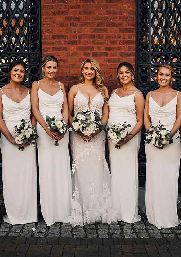 Floor-Length Jersey Bridesmaid Dress In Sheath/Column Shape, Cowl Neck, Spaghetti Straps, And Pleats BM bride
