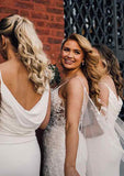 Floor-Length Jersey Bridesmaid Dress In Sheath/Column Shape, Cowl Neck, Spaghetti Straps, And Pleats BM bride