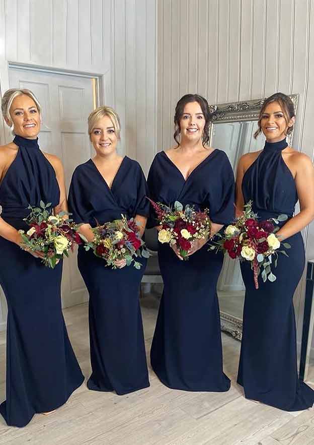 Floor-Length Satin Bridesmaid Dress In Sheath/Column Shape, Sleeveless, With Pleats BM bride