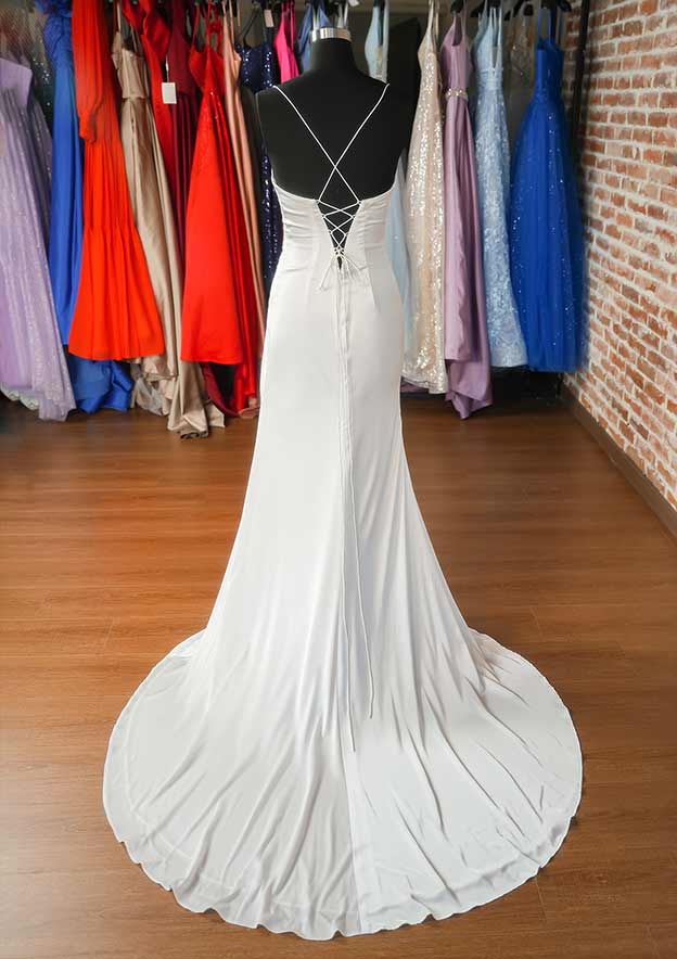 Glamorous Trumpet/Mermaid V-Neck Satin Wedding Dress with Spaghetti Straps and Pleated Split, Sweep Train BM bride