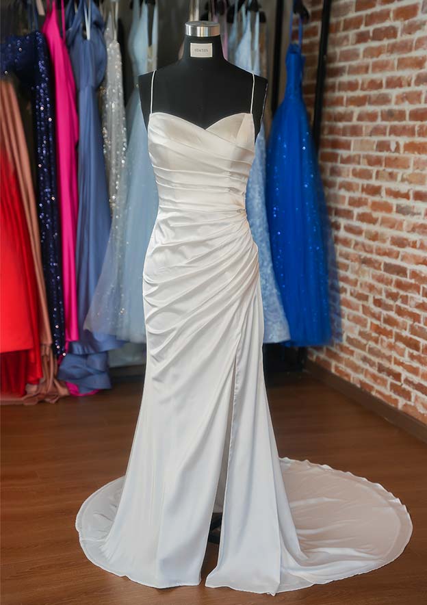 Glamorous Trumpet/Mermaid V-Neck Satin Wedding Dress with Spaghetti Straps and Pleated Split, Sweep Train BM bride
