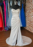 Glamorous Trumpet/Mermaid V-Neck Satin Wedding Dress with Spaghetti Straps and Pleated Split, Sweep Train BM bride