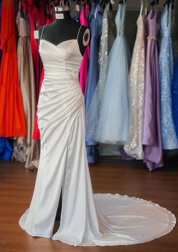 Glamorous Trumpet/Mermaid V-Neck Satin Wedding Dress with Spaghetti Straps and Pleated Split, Sweep Train BM bride