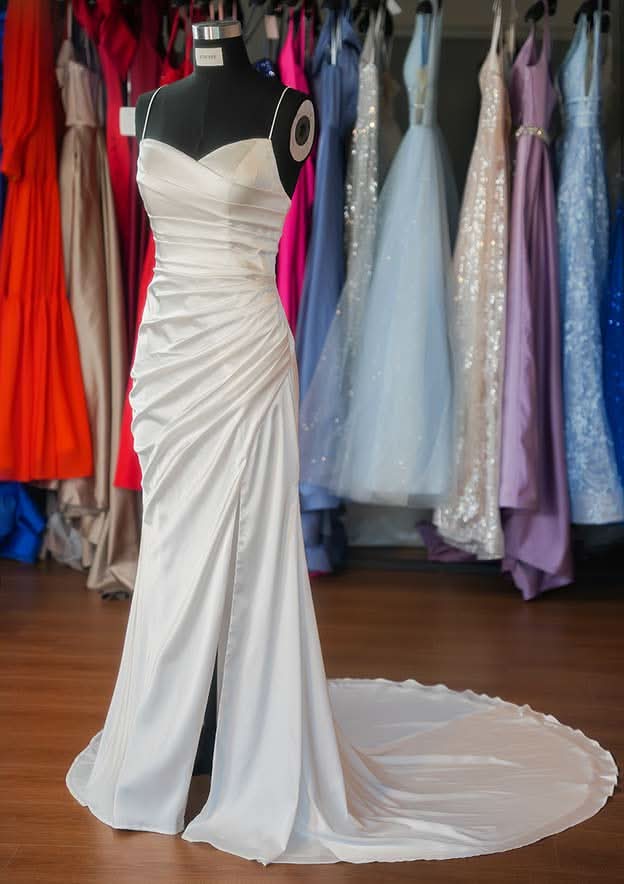 Glamorous Trumpet/Mermaid V-Neck Satin Wedding Dress with Spaghetti Straps and Pleated Split, Sweep Train BM bride