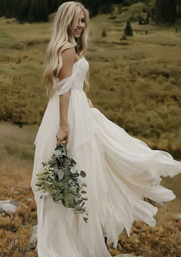 Charming Off-the-Shoulder Regular Straps Asymmetrical Wedding Dress with Appliqued Ruffles in A-Line/Princess Design BM bride