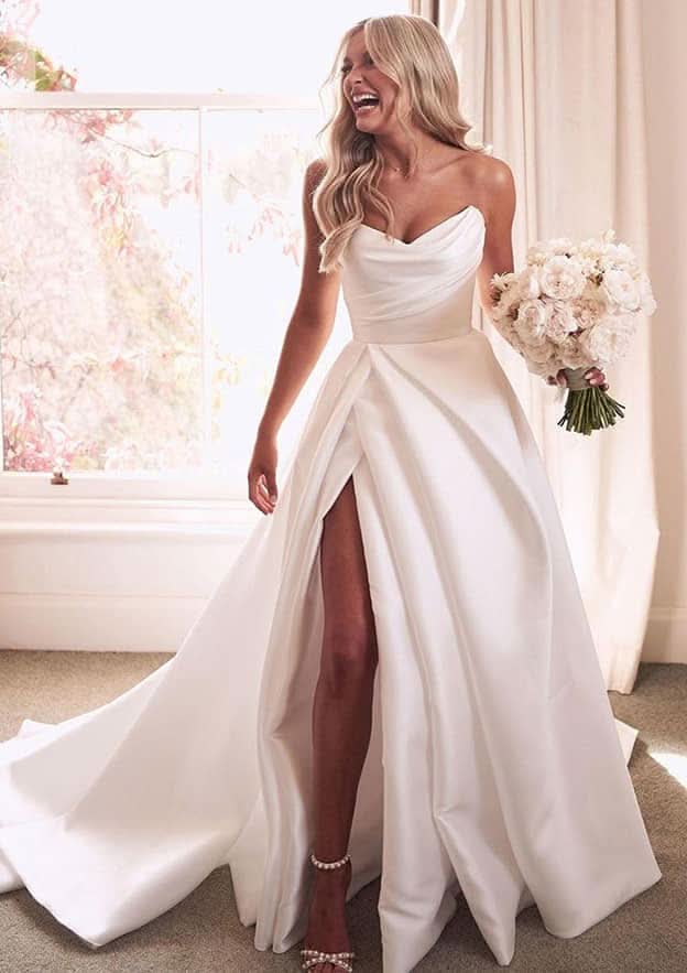 Romantic Sweetheart Strapless Court Train Satin A-Line Wedding Dress with Pleated Split BM bride