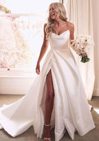 Romantic Sweetheart Strapless Court Train Satin A-Line Wedding Dress with Pleated Split BM bride