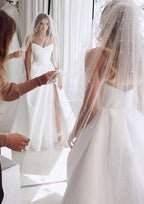 Romantic Sweetheart Strapless Court Train Satin A-Line Wedding Dress with Pleated Split BM bride