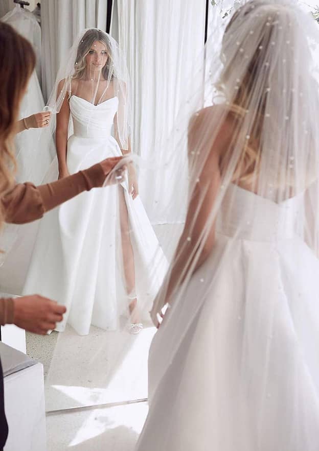 Romantic Sweetheart Strapless Court Train Satin A-Line Wedding Dress with Pleated Split BM bride