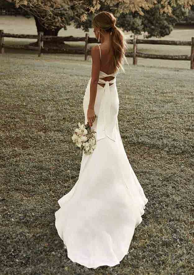 Stylish Cowl Neck Spaghetti Straps Satin Trumpet/Mermaid Wedding Dress with Sweep Train and Pleated Split BM bride
