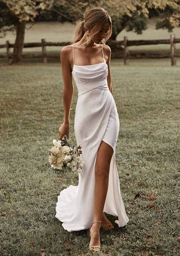 Stylish Cowl Neck Spaghetti Straps Satin Trumpet/Mermaid Wedding Dress with Sweep Train and Pleated Split BM bride