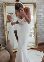Chic Cowl Neck Spaghetti Straps Satin Sheath/Column Wedding Dress with Court Train and Pleated Details BM bride