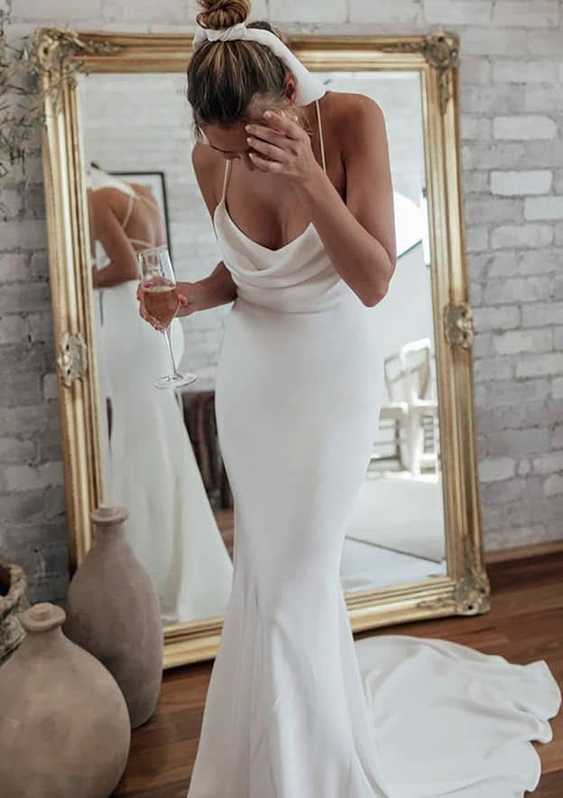 Chic Cowl Neck Spaghetti Straps Satin Sheath/Column Wedding Dress with Court Train and Pleated Details BM bride