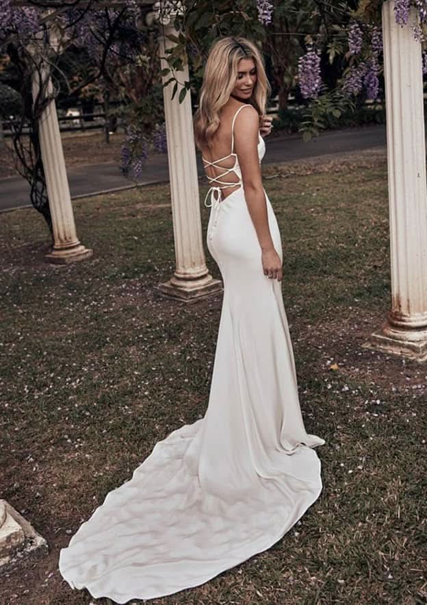 Chic Cowl Neck Spaghetti Straps Satin Sheath/Column Wedding Dress with Court Train and Pleated Details BM bride