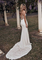 Chic Cowl Neck Spaghetti Straps Satin Sheath/Column Wedding Dress with Court Train and Pleated Details BM bride
