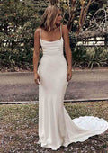 Chic Cowl Neck Spaghetti Straps Satin Sheath/Column Wedding Dress with Court Train and Pleated Details BM bride