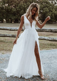 Graceful V-Neck Spaghetti Straps Sweep Train Tulle Wedding Dress with Split in A-Line/Princess Fit BM bride