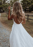 Graceful V-Neck Spaghetti Straps Sweep Train Tulle Wedding Dress with Split in A-Line/Princess Fit BM bride