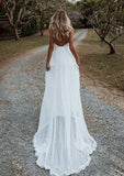 Graceful V-Neck Spaghetti Straps Sweep Train Tulle Wedding Dress with Split in A-Line/Princess Fit BM bride