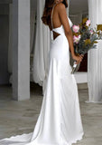 Elegant Cowl Neck Spaghetti Straps Satin Sheath/Column Wedding Dress with Sweep Train BM bride