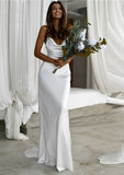 Elegant Cowl Neck Spaghetti Straps Satin Sheath/Column Wedding Dress with Sweep Train BM bride