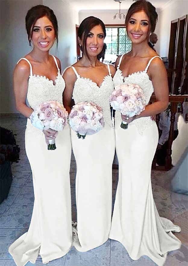 Court Train Satin Bridesmaid Dress, Sheath/Column Shape, Sweetheart Neck, Elastic, With Lace BM bride