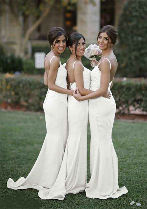 Court Train Satin Bridesmaid Dress, Sheath/Column Shape, Sweetheart Neck, Elastic, With Lace BM bride