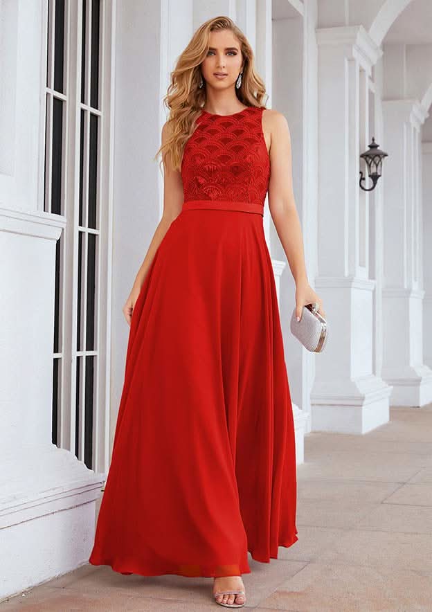 Floor-Length Chiffon Bridesmaid Dress, A-Line Shape, Empire Line, Scalloped Neck, Sleeveless, With Beading And Sequins BM bride