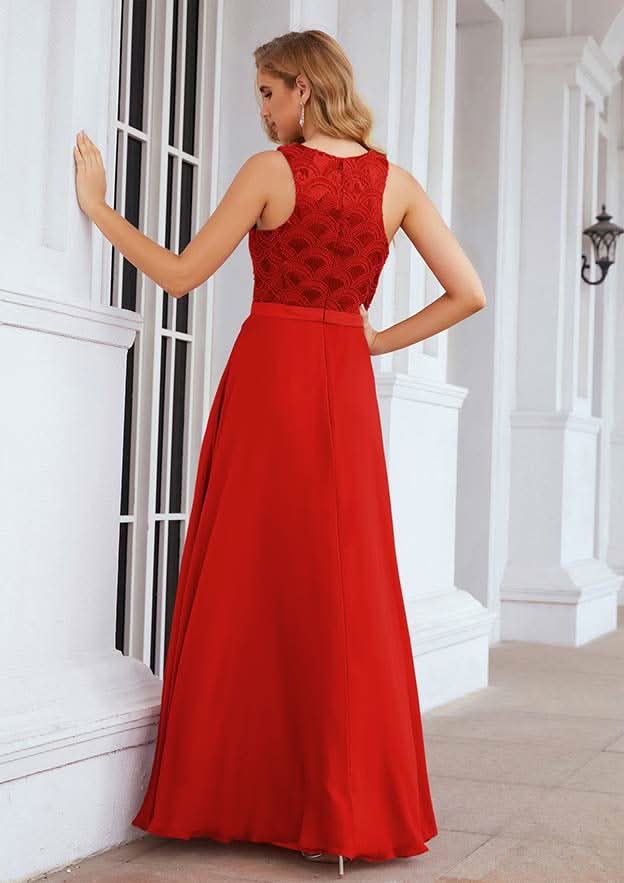 Floor-Length Chiffon Bridesmaid Dress, A-Line Shape, Empire Line, Scalloped Neck, Sleeveless, With Beading And Sequins BM bride