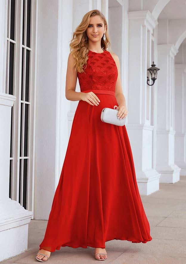 Floor-Length Chiffon Bridesmaid Dress, A-Line Shape, Empire Line, Scalloped Neck, Sleeveless, With Beading And Sequins BM bride