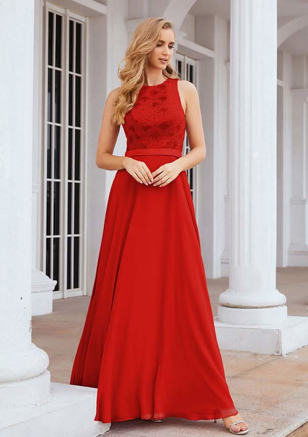 Floor-Length Chiffon Bridesmaid Dress, A-Line Shape, Empire Line, Scalloped Neck, Sleeveless, With Beading And Sequins BM bride