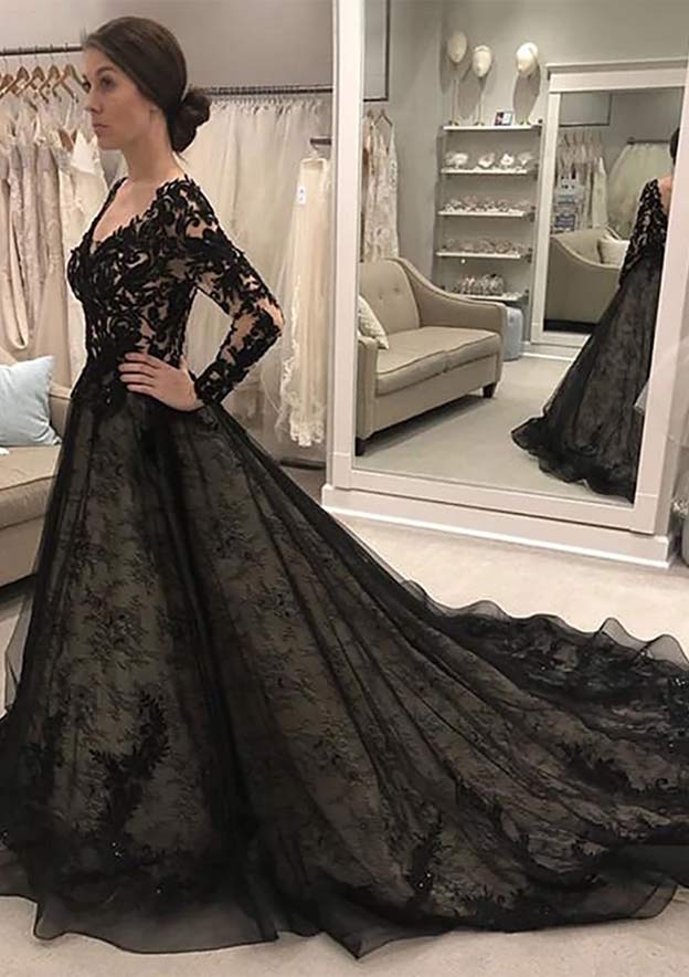 Sophisticated V-Neck Full-Length Chapel Train Tulle Wedding Dress with Lace Details in A-Line/Princess Fit BM bride