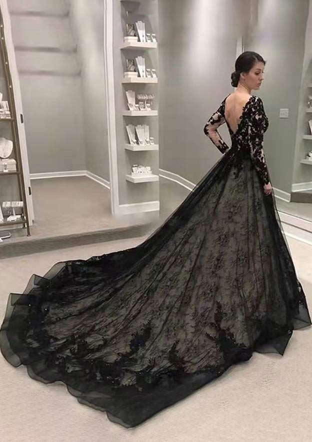 Sophisticated V-Neck Full-Length Chapel Train Tulle Wedding Dress with Lace Details in A-Line/Princess Fit BM bride