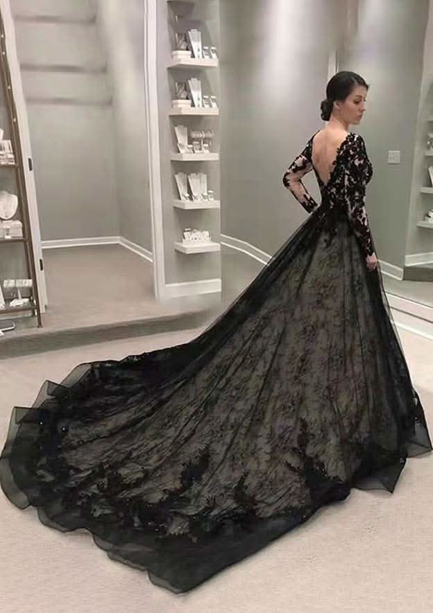Sophisticated V-Neck Full-Length Chapel Train Tulle Wedding Dress with Lace Details in A-Line/Princess Fit BM bride