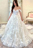 Elegant Off-the-Shoulder Sleeveless Chapel Train Tulle Wedding Dress with Appliqued Details in Ball Gown Silhouette BM bride