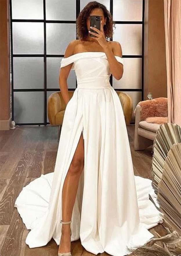 Charming Court Train Satin Wedding Dress with Side Draping Split in A-Line/Princess Design BM bride